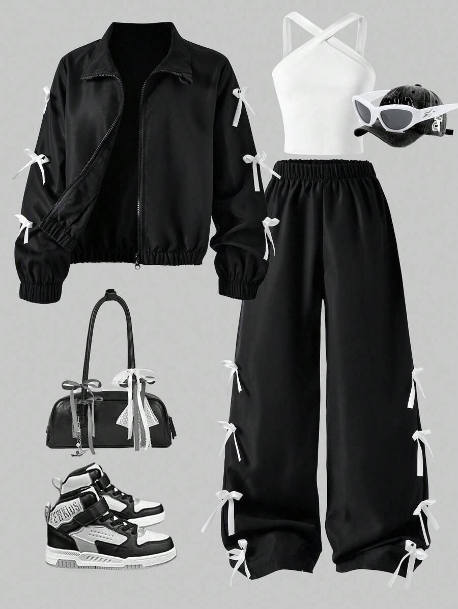 Sparklyn 3 件套青少年女孩服装：带蝴蝶结装饰的黑色拉链夹克、白色交叉肩带背心、蝴蝶结装饰阔腿裤，适合外出、度假、派对、返校 - 黑與白 - 查看 1