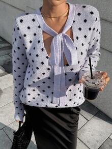 Franclia Damen Polka Dot Jacquard V-Ausschnitt Schleifen Pullover Pullover Herbst Winter Kleidung für Frauen - Violett - Übersicht 5