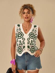 SHEIN VCAY Gilet tricoté décontracté de grande taille avec couleurs contrastées et motif ajouré, idéal pour les vacances