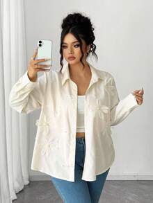 Elenzga Women's Plus Size Striped Long Sleeve Shirt With 3D Floral Pearl Design, Elegant And Sophisticated Fall Cloth For Women - Yellow - View 4