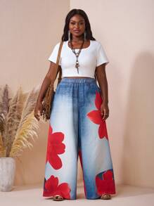 SHEIN CURVE+ Plus Size Floral Print Denim Effect Pants, Autumnfall Clothes For Women,Winter,CURVE PLUS/Autumn /Winter - Multicolor - View 5