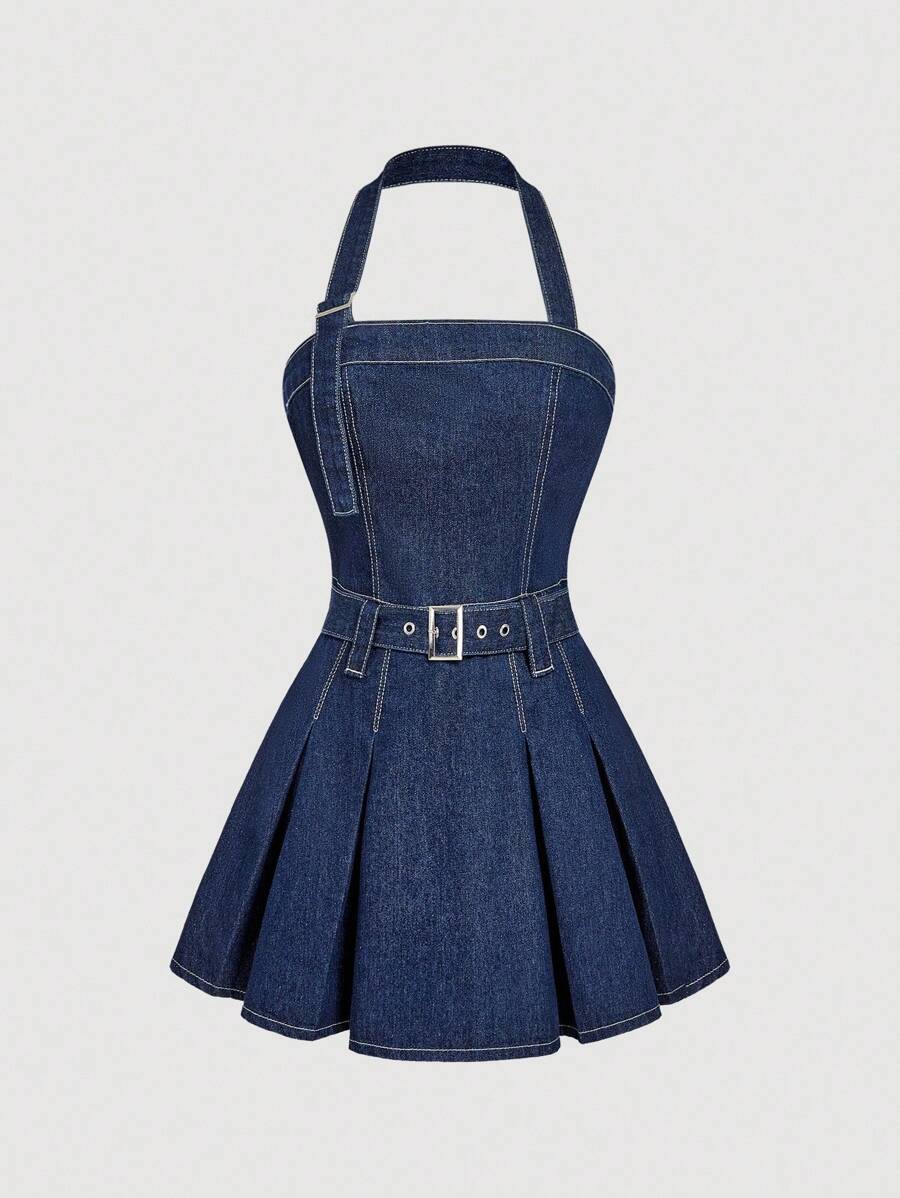 Sweetra 休闲优雅女式牛仔连衣裙 - 藍色 - 查看 1