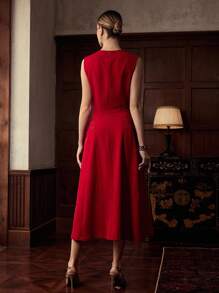 ZEYLAH 无袖串珠红色圆领长款优雅连衣裙，秋冬 - 紅色 - 查看 3