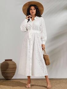 EURMUSE Women's Embroidered Floral Pattern Ruffle Hem Belted Long Dress Vacation, Casual, Chic, Swiss - White - View 4