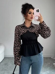 Elenzga Elegancka koszula biurowa z długim rękawem i nadrukiem w panterkę - Czarne - Zobacz 3