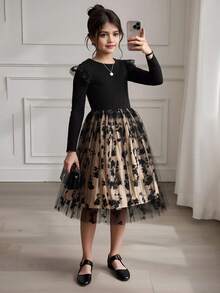 Tween Girl Elegant Lady Vacation Cap Sleeve Textured Floral Mesh Dress,Holiday Summer Travel - Multicolor - View 9