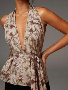 Athîral Women's Sexy Maple Leaf Print Backless Halter Top, Summer