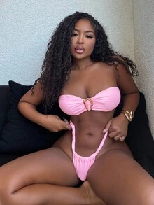 Alexandranx Women Beach Summer Outfits - Solid Color Bandeau Metallic Decor And Thong Bikini Set, Sexy Swimwear - Pink - View 6