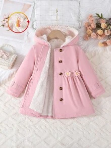 Elladie kids 1 szt. Dziewczęca kurtka średniej długości, dziecięca wiatrówka z długim rękawem, tkana, gruba, różowa, z 3D kwiatowym wzorem dla dodatkowej słodyczy, ogólnie świeży i uroczy styl, odpowiednia na jesień/zimę, luźny krój, odpowiedni na różne okazje, takie jak wakacje, podróże, codzienne noszenie - Różowy - Zobacz 3