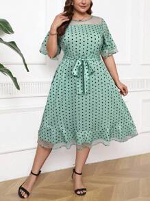 SHEIN Clasi Vestido de verano elegante de talla grande con parches de malla y estampado de lunares