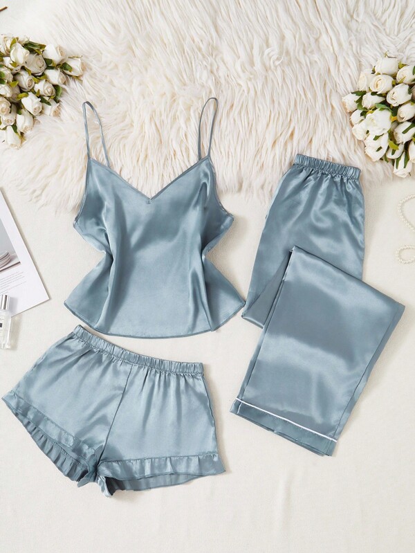 SilkySpell Conjunto de pijama de 3 piezas con camiseta de tirantes, pantalones cortos y pantalones de color liso de seda sintética