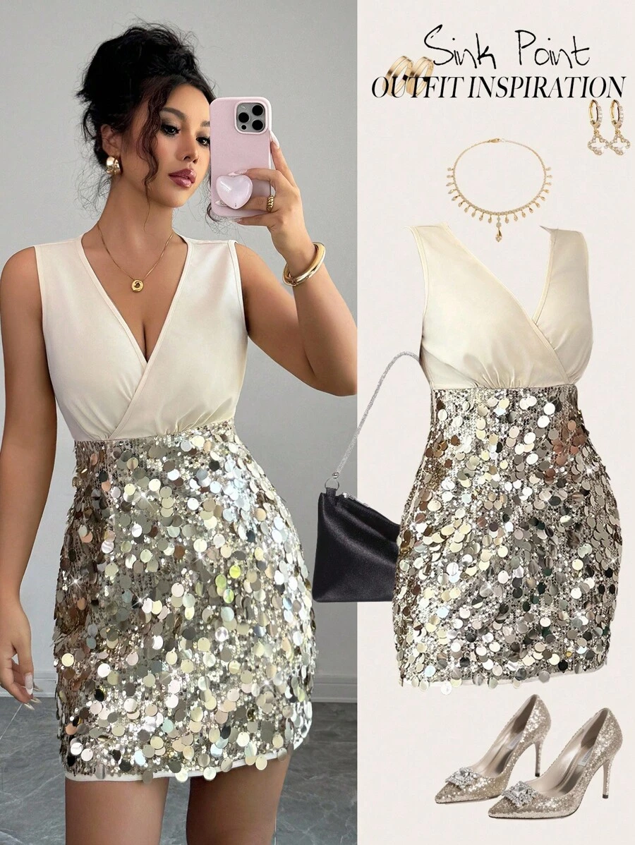 Elenzga 女式优雅秋季闪亮V领拼接亮片修身派对迷你连衣裙 - 黃色 - 查看 1