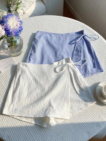 Comfortcana Conjunto de 2 piezas de talla grande para mujer: pantalón y falda de lino con lazo y rayas, y shorts blancos con cordón para envolver, adecuado para vacaciones en la playa, de verano y estilo casual