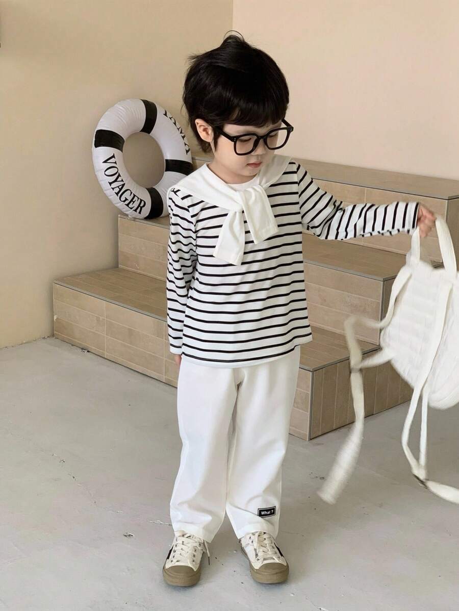SHEIN Toddler Boys' Spring/Autumn Round Neck Long Sleeve Striped T-Shirt With Shawl Collar And Solid Color Pants Set, Versatile Outfit For Outdoor Play, Parties, Gatherings Chic Outfits For Autumn/Winter - White - View 1