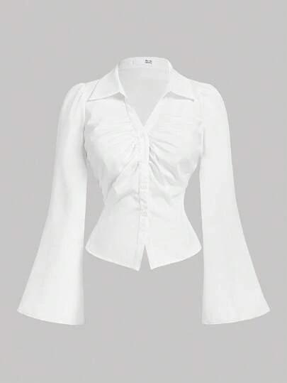 Girlism Teen Girl V-Collar Ruffle Flared Sleeve Blouse, Waist Cinched, Black Long Sleeve Shirt, Witchy Clothes, Button Down Blouse, Concert , Airport , New Year, Valentine White Blouse Teen Blouse Juniors Blouse Formal Top White Shirt Fall Winter