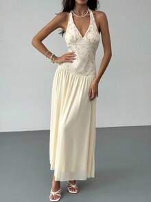 Aloruh Elegant Dresses For Party Apricot Romantic Date Party Ball Gown Halter Backless Deep V Flared Dress For Women - Apricot - View 5