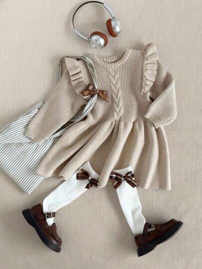 PrepCrw 女婴优雅荷叶边领长袖针织毛衣裙