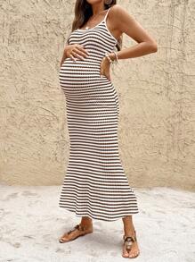 SHEIN Sleeveless Round Neck Long Slim Fit Maternity Dress, Black & White Striped Dress - Brown - View 3