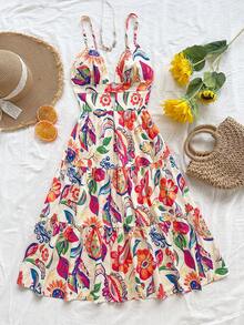 Soleia 女士度假细肩带 V 领镂空 A 字形露背彩色花卉迷你连衣裙，适合派对、圣诞节、约会、夜总会、海滩、游轮、下午茶、波西米亚风、波西米亚风、度假、秋季女装、复古 - 彩色 - 查看 3