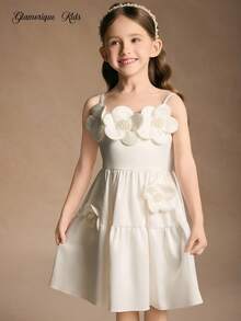 Glamorique Kids Vestido de Dama de Honra Floral para Meninas Jovens, Casamento, Florista, Rosa 3D, Apresentação de Festa, Adequado para Ocasiões Formais, Palco, Apresentação de Piano - Branco - Visão 3