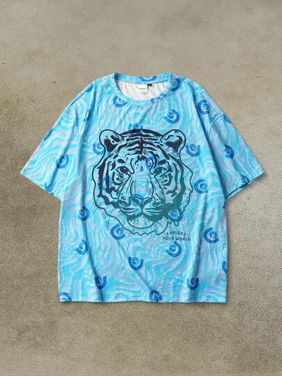 Discovery X SHEIN Men's Casual Street Tiger & Letter Print Loose Fit T-Shirt, Summer