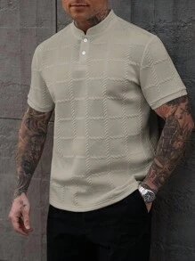 Manfinity Homme 男士休闲立领纹理纯色短袖 Polo 衫 - 卡其色 - 查看 3