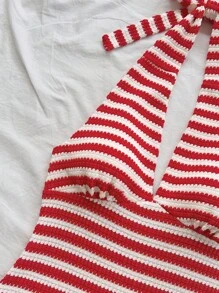 Soleia Plus Size Women's Vacation Red & White Striped Knit Textured Deep V Neck Tie Front Jumpsuit, Suitable For Party, Valentine's Day, Date Night, Layering Or Outerwear, Suitable For Party, Christmas, Valentine's Day, Date, Beach, Cruise, Festival, Easter, Boho Vacation