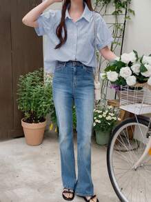 DAZY Women's Bow Embroidery Turndown Collar Loose Short Sleeve Blouse, Spring/Summer - Blue and White - View 2