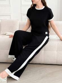 少女休闲百搭百搭日常居家度假黑白撞色边宽肩无袖圆领T恤+阔腿梭织裤套装