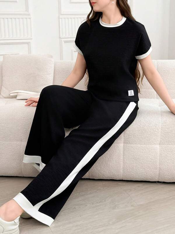 少女休闲百搭百搭日常居家度假黑白撞色边宽肩无袖圆领T恤+阔腿梭织裤套装