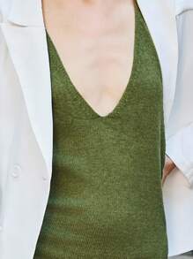 Lumivelle 女士橄榄绿V领吊带性感连衣裙针织衫，适合大学穿着 - 橄欖綠 - 查看 7