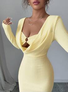 Elenzga Women's Elegant Solid Color Draped Neck Fitted Mid-Length Dress Fall Cloth For Women - Yellow - View 3