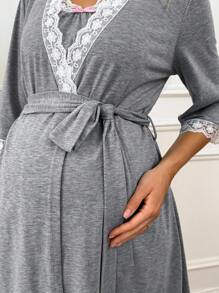 SHEIN 2pcs Maternity Comfortable Casual Lace Trim Jacket & Camisole Top & Pants Set Lingerie Lingerie Set Underwear Women Pajama Pajama Dress Loungewear Nightgown Robe Sleepwear Sleepwear Set Tank Top With Bra - Grey - View 5