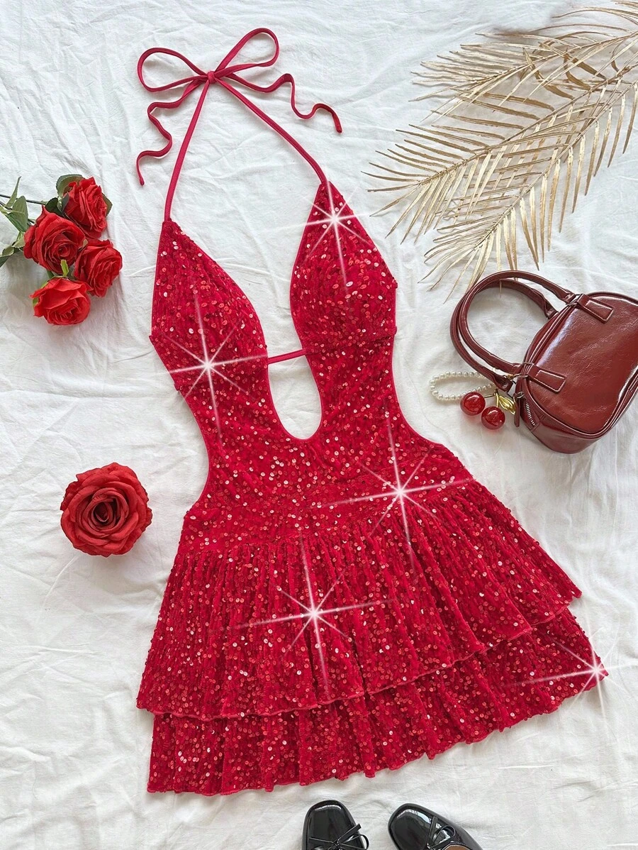Soleia 女士性感深 V 领露背系带双荷叶边下摆亮片迷你连衣裙，适合圣诞节、约会之夜、夜总会、海滩、游轮、下午茶、波西米亚风、波西米亚风、度假 - 紅色 - 查看 1