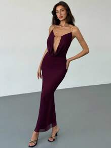 Aloruh Elegant Dresses For Party Mesh Plum Purple Sexy Backless Deep Draped Neck Maxi Bodycon Dress For Party, Music Festival,Elegant Dresses For Women - Red Violet - View 5