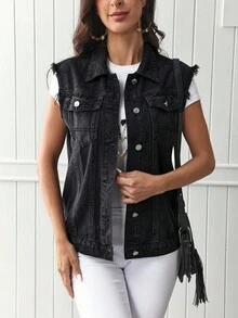 EMERY ROSE Flap Pocket Raw Trim Vest Denim Jacket - Dark Grey - View 1