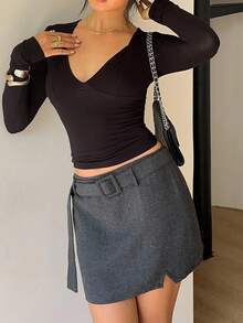 Siren Gaze Gray Woolen Low Waist A-Line Skirt With Belt Shorts For Women,Black And White Striped,Autumn,Chic,School,Back-To-School Teacher's Day Style - Grey - View 7