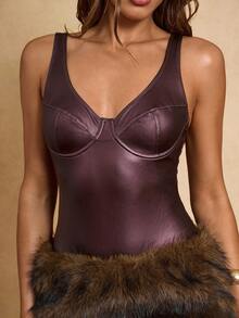 SHEIN BAE Body sans manches en PU de couleur unie pour femmes - Tabac - Voir 4