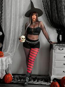 Whyspr Grunge Punk Plus Size Mesh Patchwork Striped Sheer Elastic Leggings Halloween - Multicolor - View 2