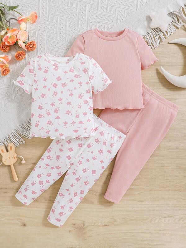 4pcs Baby Girl Floral Pattern Round Neck Short Sleeve Knit Pajama Set