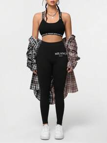 SHEIN Essnce 意大利米兰简约休闲女式图案运动紧身裤 - 黑色 - 查看 6