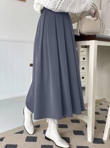 DAZY Chân váy xếp ly chữ A màu trơn, đơn giản, đa năng, phù hợp cho nữ, thích hợp đi làm hàng ngày. - Màu xanh lam - Xem 5