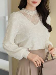 DAZY Women's Mesh Splice Layered Look Short Sleeve T-Shirt - Beige - View 2