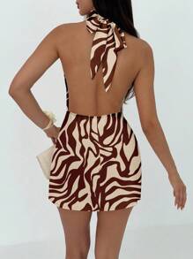 Aloruh 休闲性感风格优雅棕色抽象线条全印花图案女式休闲优雅露背挂脖系带迷你连衣裙，适合夏季、派对、海滩、复古 - 彩色 - 查看 2