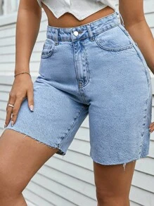 EURMUSE 100%Cotton Back Label Detailed Rigid Bermuda Short - Light Wash - View 3