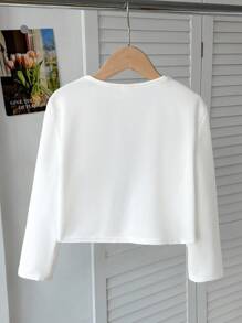 SHEIN Serisse Kids Chaqueta de punto corta de color blanco sólido con botones metálicos, de estilo informal y de diario para niña preadolescente - Blanco - Ver 4