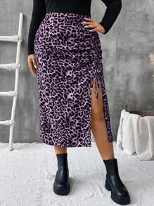 SHEIN VCAY 大码女式时尚豹纹开衩下摆半身裙