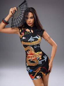 Shutterstock Y2Kool Vestido con estampado de dragón, elementos orientales, floral, sexy, casual, para mujer, adecuado para verano, otoño, vacaciones, fiesta, uso diario