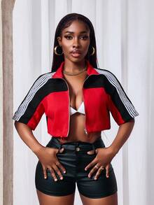 Slaydiva Women's Color Block Patchwork Cropped Denim Jacket - Black - View 2