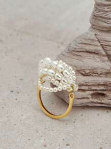 Opalesca 1pc Pearl/Mother Of Pearl Textured, Metallic/Metallic Finish, Beaded Ring, Elegant, Cute, Luxury, Suitable For Party, Casual, Work, Wedding, Holiday, Vacation, Camping, Y2K, For Mom, Women, Girl, Fall, Autumn, Winter, Festival, Holiday, Vacation, Old Money, Halloween,For Mom/Women/Girl/Mother,Fall/Autumn/Winter,Outfits,Old Money,Premium,Pearl,Elegant,Fairycore/Fairy - Gold - View 1